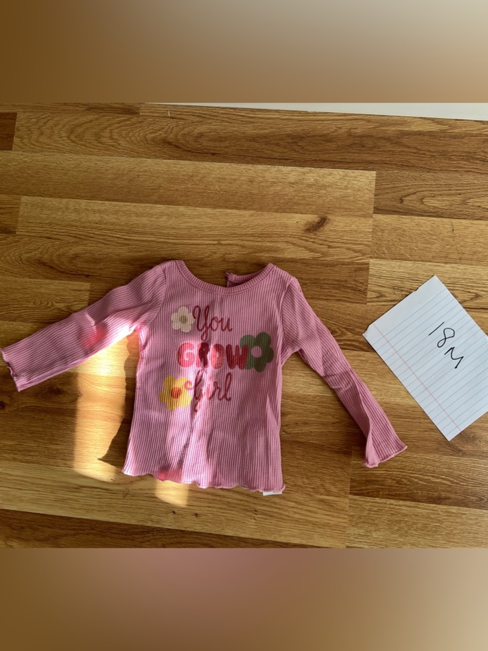 Pink Long Sleeve Ribbed Tee with Floral Graphic - 18m